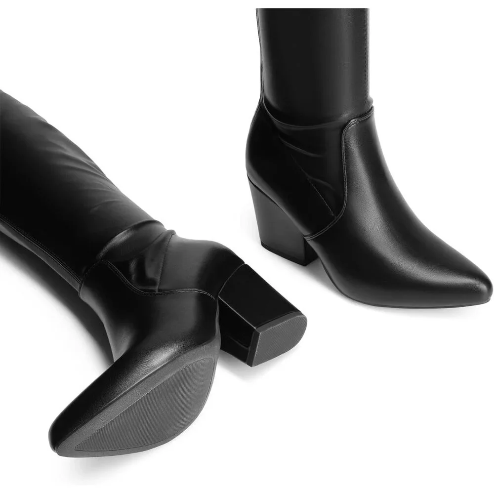 Women's Black-Pu Thigh High Knee Chunky Pointed Toe Long Block Stylish Heel Boot - Picture 2 of 7